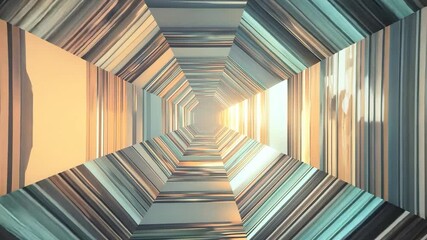 Poster - Light emerges at the end of a shrinking striped hexagonal tunnel, creating an abstract and dynamic visual journey. The vibrant colors enhance the sense of depth and perspective