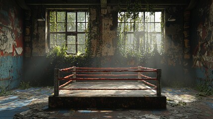 Dust motes dance in the beams of light illuminating the worn boxing ring surrounded by faded graffiti and creeping vines evoking nostalgia for a bygone era of sport.