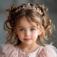 A cute little girl, wearing a pink princess dress, with a small crown.