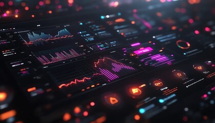 Fototapete - 3D holographic financial dashboard with dynamic charts and graphs, illuminated data streams in dark space, emphasizing global economic insights