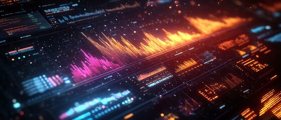 Fototapete - Advanced financial dashboard featuring floating holographic charts and graphs, glowing data streams against a dark space background, global economics visualization