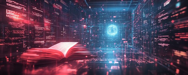 Poster - Digital learning interface showcasing holographic book projections, an AI tutor avatar, and minimalist abstract data visualizations for an immersive experience