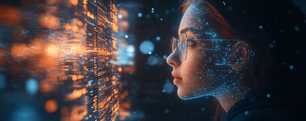 Poster - Digital learning interface with holographic book projections, an engaging AI tutor avatar, and minimalist abstract data visualizations for futuristic education