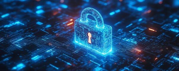 Poster - Digital padlock with glowing blue circuits and dark background filled with binary code, illustrating modern cybersecurity and data protection methods