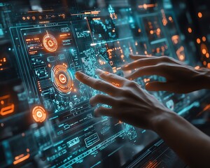 Poster - Futuristic data visualization environment featuring hands engaging with a holographic interface, glowing nodes representing machine learning and AI technology