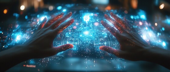Fototapete - Futuristic data visualization with hands manipulating a holographic interface, glowing nodes representing AI and machine learning in a sleek hightech environment