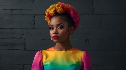 Fashionable woman with vibrant colorful hair in gradient dress posing against dark textured background