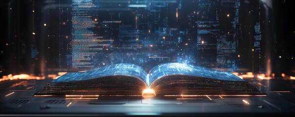 Poster - Futuristic educational interface with holographic book projections, AI tutor avatar, and elegant abstract data visualizations, minimalist design aesthetic