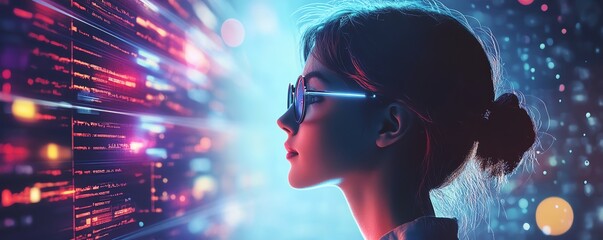 Poster - Futuristic educational interface with holographic book projections, AI tutor avatar, and elegant abstract data visualizations, minimalist design aesthetic