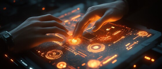 Poster - Futuristic hands engaging with a holographic data visualization interface, illuminated nodes symbolizing AI and machine learning in a sleek design