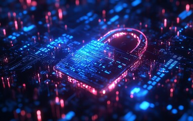 Aufkleber - Futuristic padlock illuminated by blue circuits, dark background with flowing binary code, showcasing cybersecurity and data protection technology