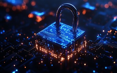 Aufkleber - Futuristic padlock illuminated by blue circuits, dark background with flowing binary code, showcasing cybersecurity and data protection technology