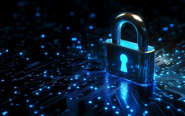 Poster - Futuristic padlock with luminous blue circuitry on a dark background, surrounded by binary code, representing the future of data protection
