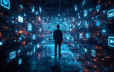 Poster - Futuristic virtual space filled with floating holographic social media icons, person silhouettes engaging with glowing connections, representing digital marketing