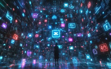 Poster - Futuristic virtual space filled with floating holographic social media icons, person silhouettes engaging with glowing connections, representing digital marketing
