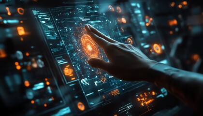 Aufkleber - Hands interacting with a holographic interface in a futuristic data visualization setting, showcasing glowing nodes and abstract representations of AI and machine learning
