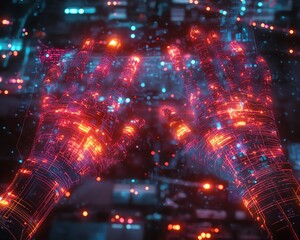 Leinwandbilder - Hightech environment featuring hands manipulating a holographic interface, glowing nodes, and abstract data visualizations of AI and machine learning
