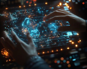 Leinwandbilder - Hightech environment featuring hands manipulating a holographic interface, glowing nodes, and abstract data visualizations of AI and machine learning