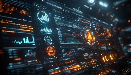 Poster - Hightech financial dashboard with floating holographic charts and graphs, glowing data streams in dark space, representing global economic dynamics