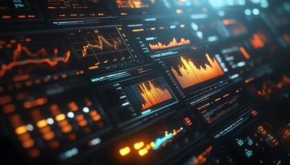 Fototapete - Hightech financial dashboard with floating holographic charts and graphs, glowing data streams in dark space, representing global economic dynamics