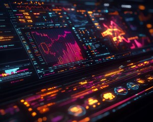 Fototapete - Holographic 3D financial dashboard with floating charts and graphs, illuminated data streams in dark space, advanced visualization of global markets