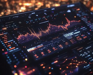 Fototapete - Holographic 3D financial dashboard with floating charts and graphs, illuminated data streams in dark space, advanced visualization of global markets