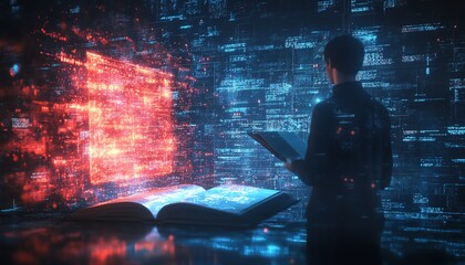 Aufkleber - Holographic book projections in a modern digital learning interface, with an AI tutor avatar and minimalist abstract data visualizations for enhanced education