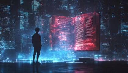 Poster - Holographic book projections in a modern digital learning interface, with an AI tutor avatar and minimalist abstract data visualizations for enhanced education