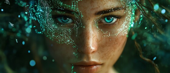 Poster - ai face illuminated by swirling blue light tendrils, surrounded by intricate green circuits, with de