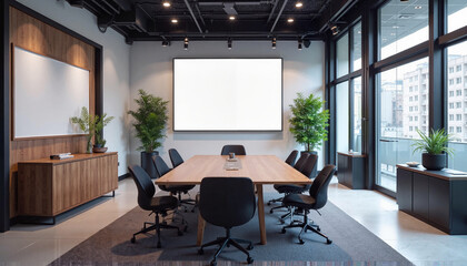 Modern conference room with a wooden table, ergonomic chairs, and large windows for professional meetings