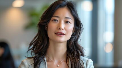 Poster - Asian woman in office speaking to camera.