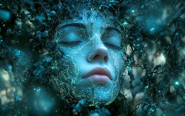Poster - digital portrait of an ethereal ai face, emerging from vibrant blue light tendrils and detailed gree
