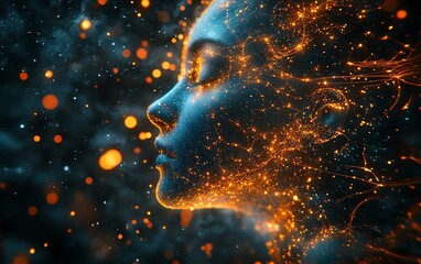 Fototapete - Digital cosmos showcasing an ethereal AI entity, illuminated by glowing circuits and neural network tendrils, with abstract data streams in a futuristic interface