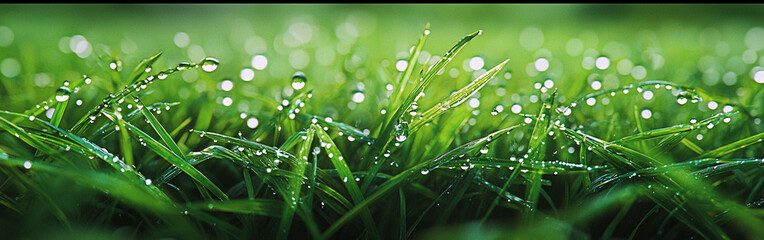 Canvas Print - Dew-covered grass glistening in the morning light at dawn