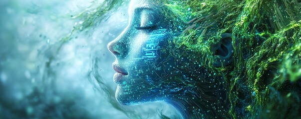 Poster - Ethereal AI face emerging from swirling blue light tendrils, surrounded by intricate green circuit patterns, depth of field blur, creating a surreal digital portrait