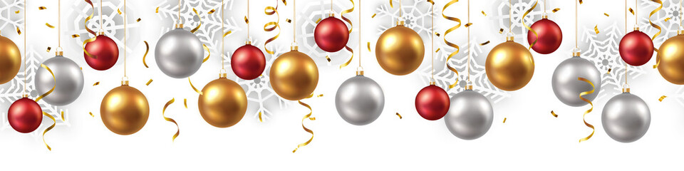 Wall Mural - christmas decoration seamless pattern design with gold, silver and red baubles, snowflakes and strea
