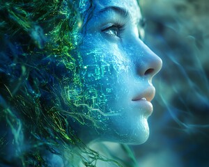 Poster - Ethereal face of an AI emerging from flowing blue light tendrils, with complex green circuit patterns, depth of field blur for a surreal portrait effect