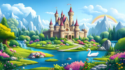 Canvas Print - A vibrant fantasy landscape featuring a castle and serene nature.