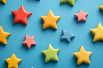 Colorful stars in various sizes arranged on a bright blue background, perfect for fun and playful designs.