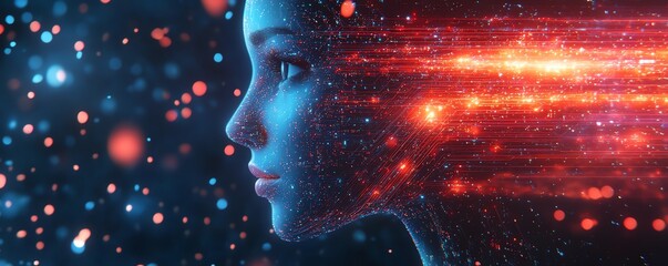 Fototapete - Futuristic AI entity rising from the digital cosmos, glowing circuits and neural network tendrils weaving through abstract data streams in a holographic environment