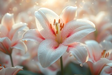 Lilies in the morning light: elegance and grace A peaceful depiction of colorful lilies blooming in the soft morning light, creating a serene atmosphere.