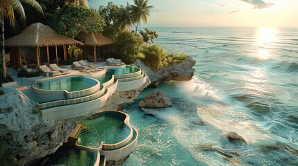 Poster - A cliff side modern eco design beach club with cascading pools terracing down to the curtail clear water, swaying coconut trees and white sand beach along the coastline, at sunset.