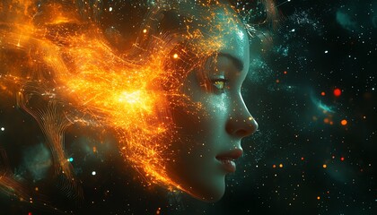 Aufkleber - AI entity emerging from a cosmic digital realm, surrounded by luminous circuits and neural network tendrils, abstract data streams in a futuristic holographic setup