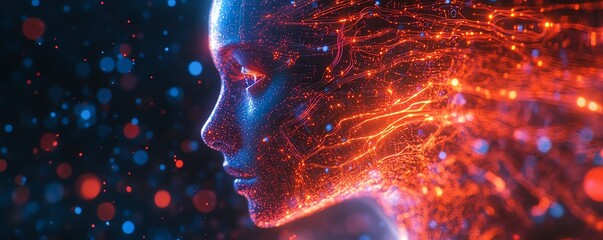Aufkleber - AI entity emerging from a vibrant digital cosmos, surrounded by radiant circuits, neural network tendrils, and abstract data streams in a holographic display
