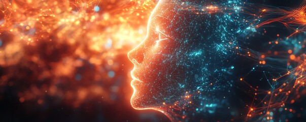 Aufkleber - AI entity emerging from a vibrant digital cosmos, surrounded by radiant circuits, neural network tendrils, and abstract data streams in a holographic display