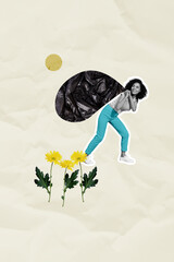 Wall Mural - Vertical photo collage of young american girl smile carry big garbage black bag field chrysanthemum care clean isolated on painted background