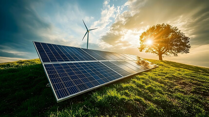 Wall Mural - Solar panels and wind turbine in a scenic landscape at sunset.