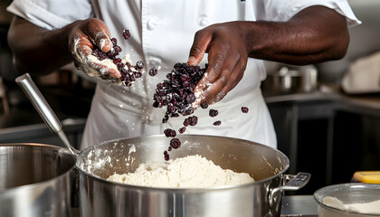 A Black male chef skillfully adding dried fruits into flour in a metallic pot to create cake batter