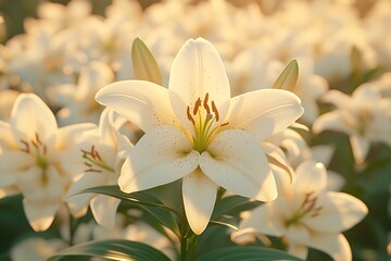 Lilies in the morning light: elegance and grace A peaceful depiction of colorful lilies blooming in the soft morning light, creating a serene atmosphere.