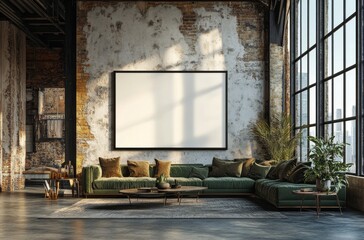 Stylish green sectional sofa and large blank canvas in a modern industrial living room